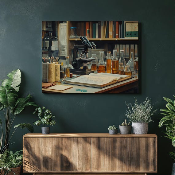 Laboratory Canvas Wall Art Detailed Microscope And Glassware Illustration With Research Charts For Modern Office Study Or Classroom Decor