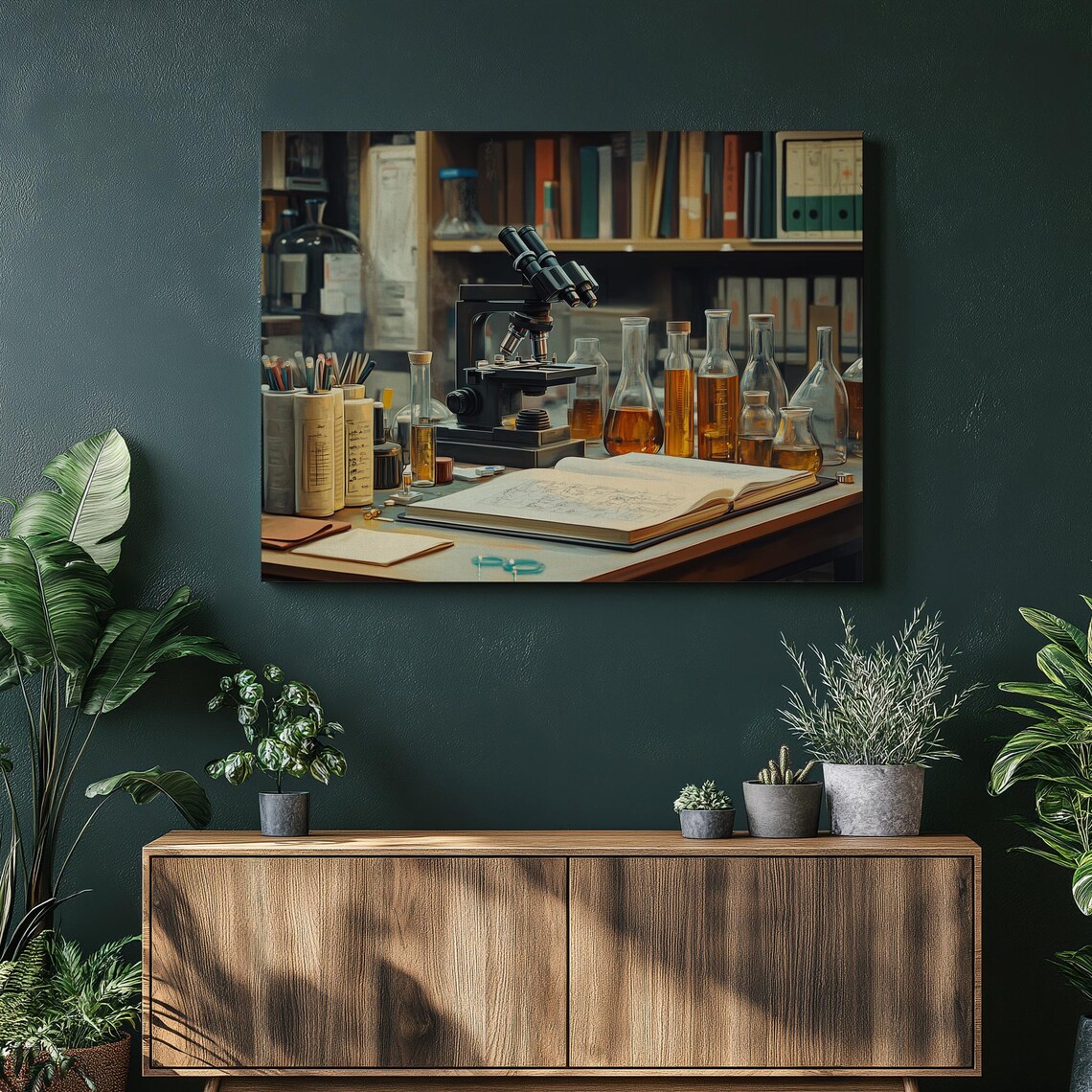 Vintage Laboratory Microscope Amber Glassware Still Life Art Poster