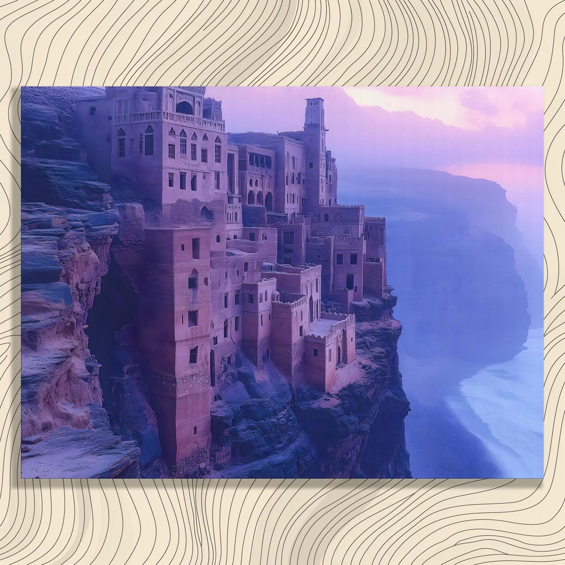 Ancient Cliffside Stone Village Sunset Mystical Landscape Poster