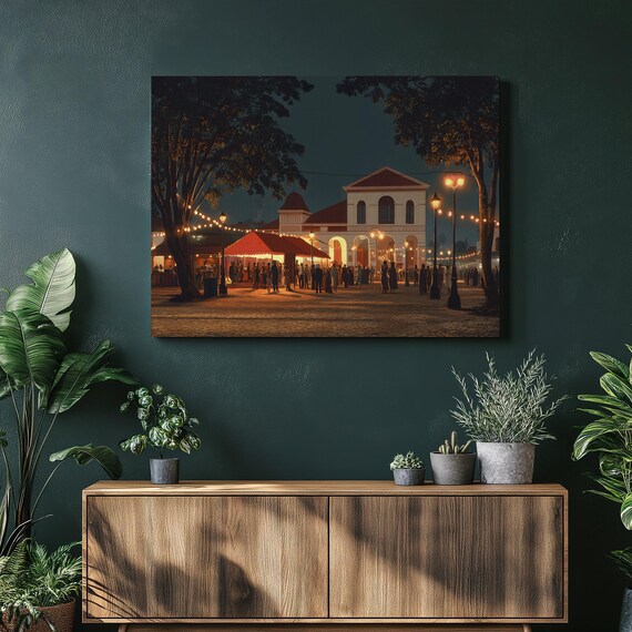 Festive Night Market Plaza String Lights Crowd Evening Art Print