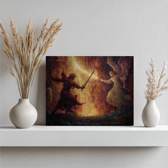 Dark Angel Battle Canvas Wall Art Epic Celestial Fantasy Painting Radiant Light Versus Armored Warrior In Flames Gothic Textured Print