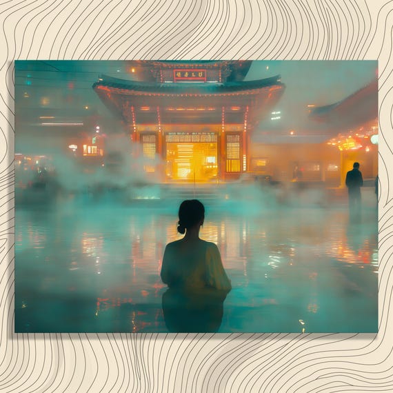 Serene Waterscape Canvas Wall Art Modern Misty Temple Reflection Print Tranquil Night Architecture Decor Cultural Landscape Silhouette