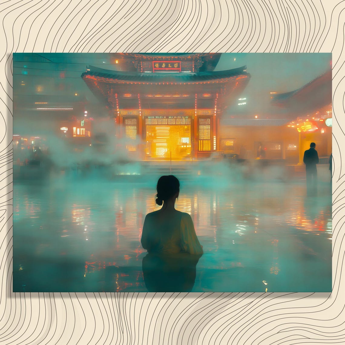 Misty Asian Temple Glowing Across Calm Water Night Art Poster