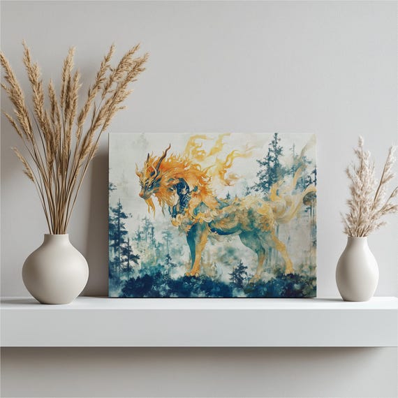 Mystical Qilin Canvas Wall Art Vibrant Mist Painting For Home Decor Nature Scene With Ancient Trees Colorful Asian Unique Gift