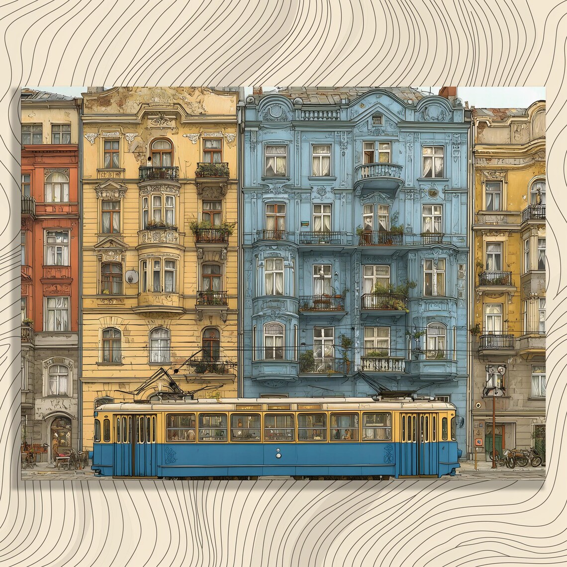 Vintage Blue Tram Old European Street Pastel Tenement Buildings Poster