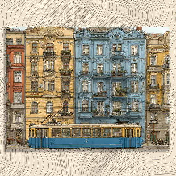 Poland Tram Canvas Wall Art Vintage Urban Street Architectural Building Facade Colorful Cityscape Balcony Illustration Print