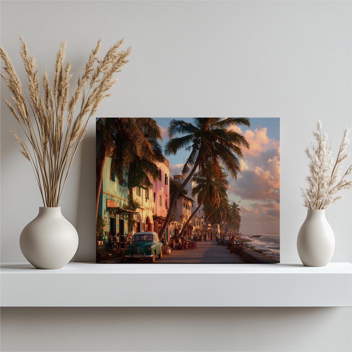 Tropical Coastal Street Palm Trees Vintage Car Sunset Poster
