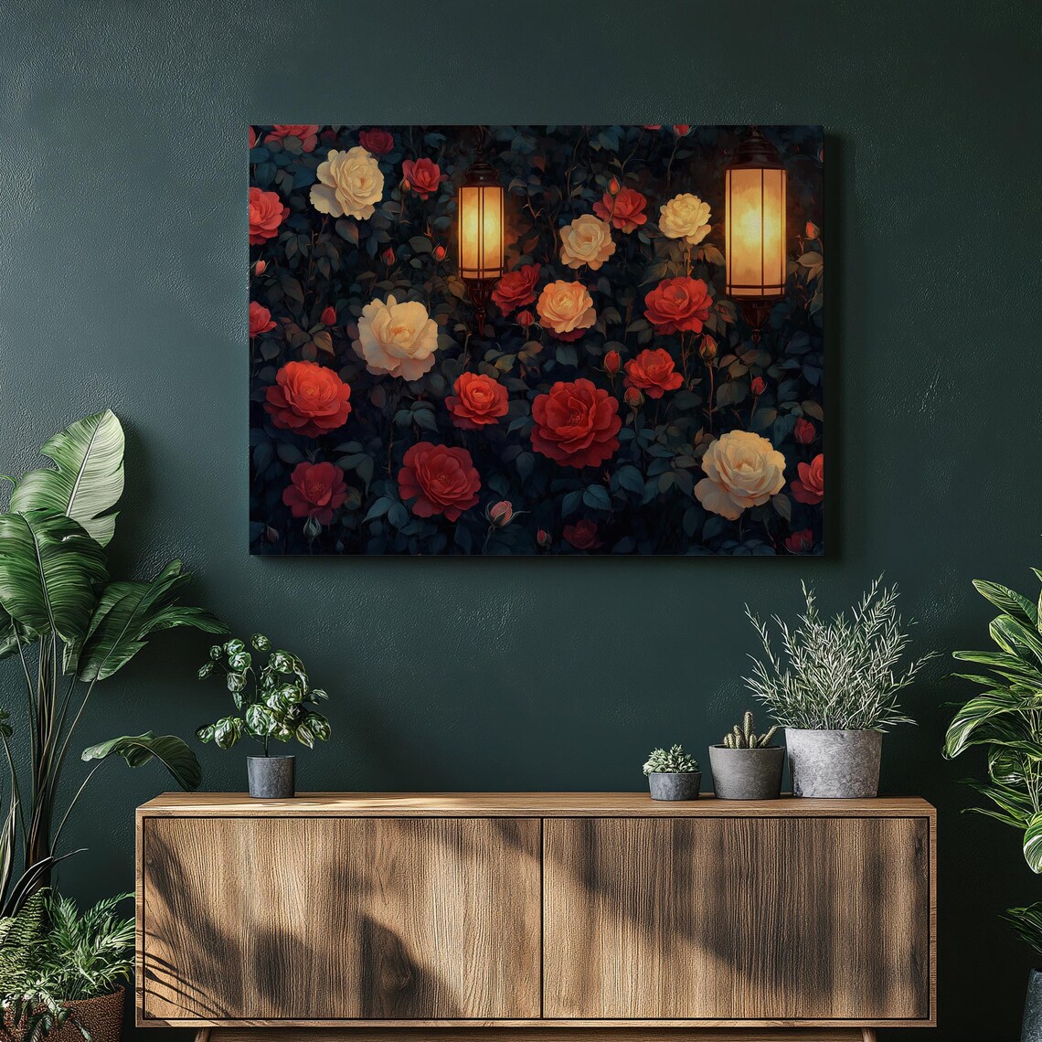 Rose Garden at Night Lanterns Romantic Floral Evening Poster