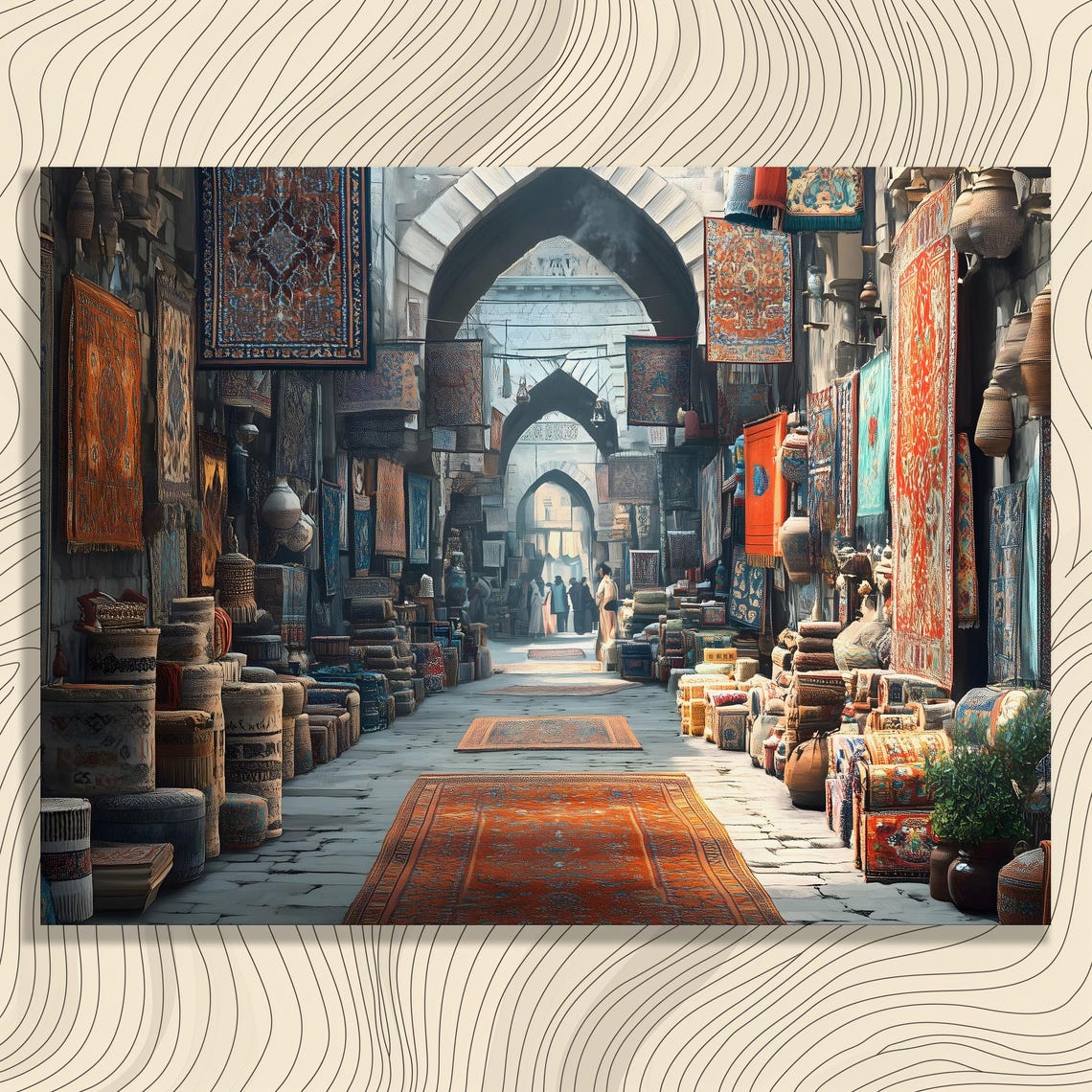Vibrant Rug Bazaar Colorful Carpet Market Arched Souk Travel Poster
