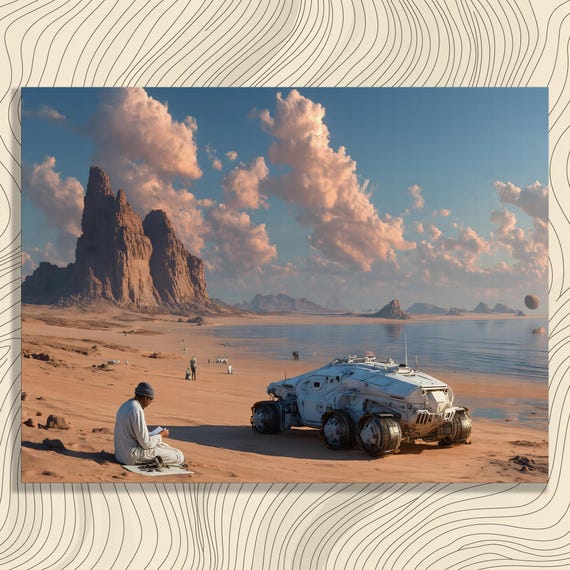 Surreal Desert Canvas Wall Art Modern Futuristic Sci Fi Landscape Print With Rover And Mountains Person Under Vast Blue Sky
