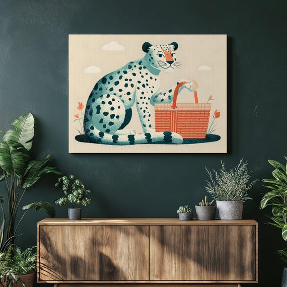 Cheetah Picnic Tulips Canvas Wall Art Mid Century Modern Animal Illustration Nature Print Wildlife Decor Floral Painting Gift
