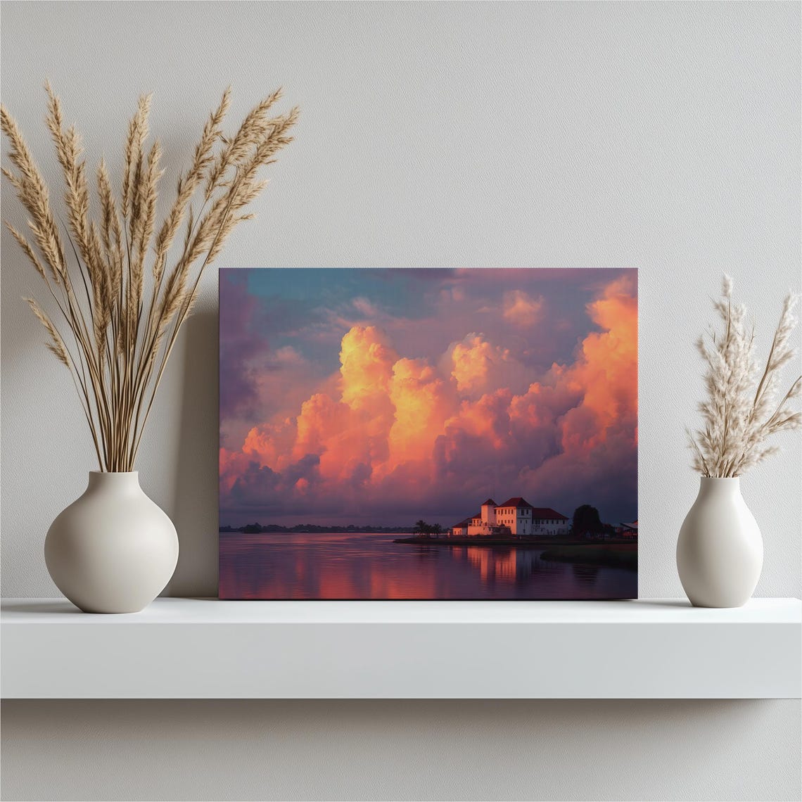Tropical Sunset Clouds Over Calm Lake With Distant Villa Poster