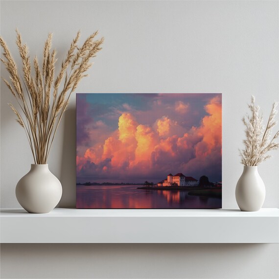 Tropical Sunset Clouds Over Calm Lake With Distant Villa Poster