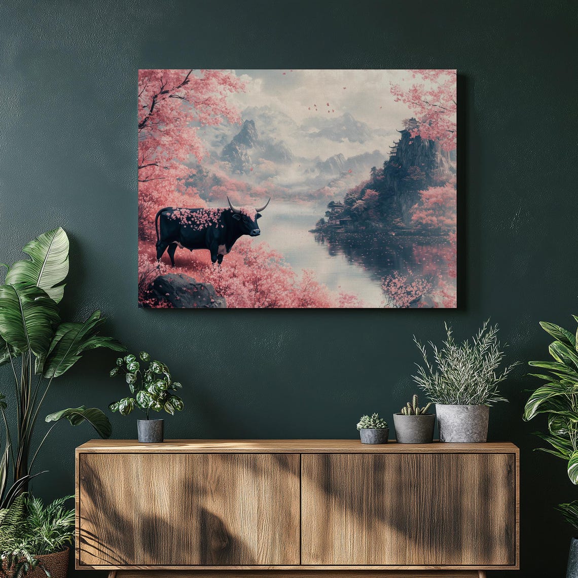 Wagyu Bull Standing In Cherry Blossom Valley Japan Art Poster