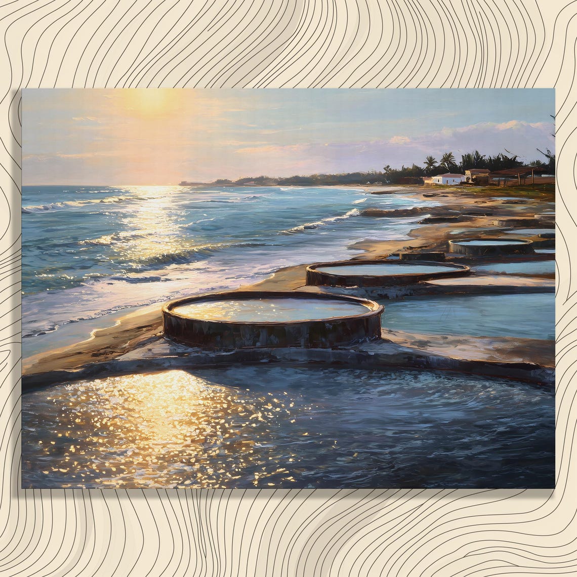 Tropical Sunset Beach Tide Pools Palm Tree Ocean Painting Poster