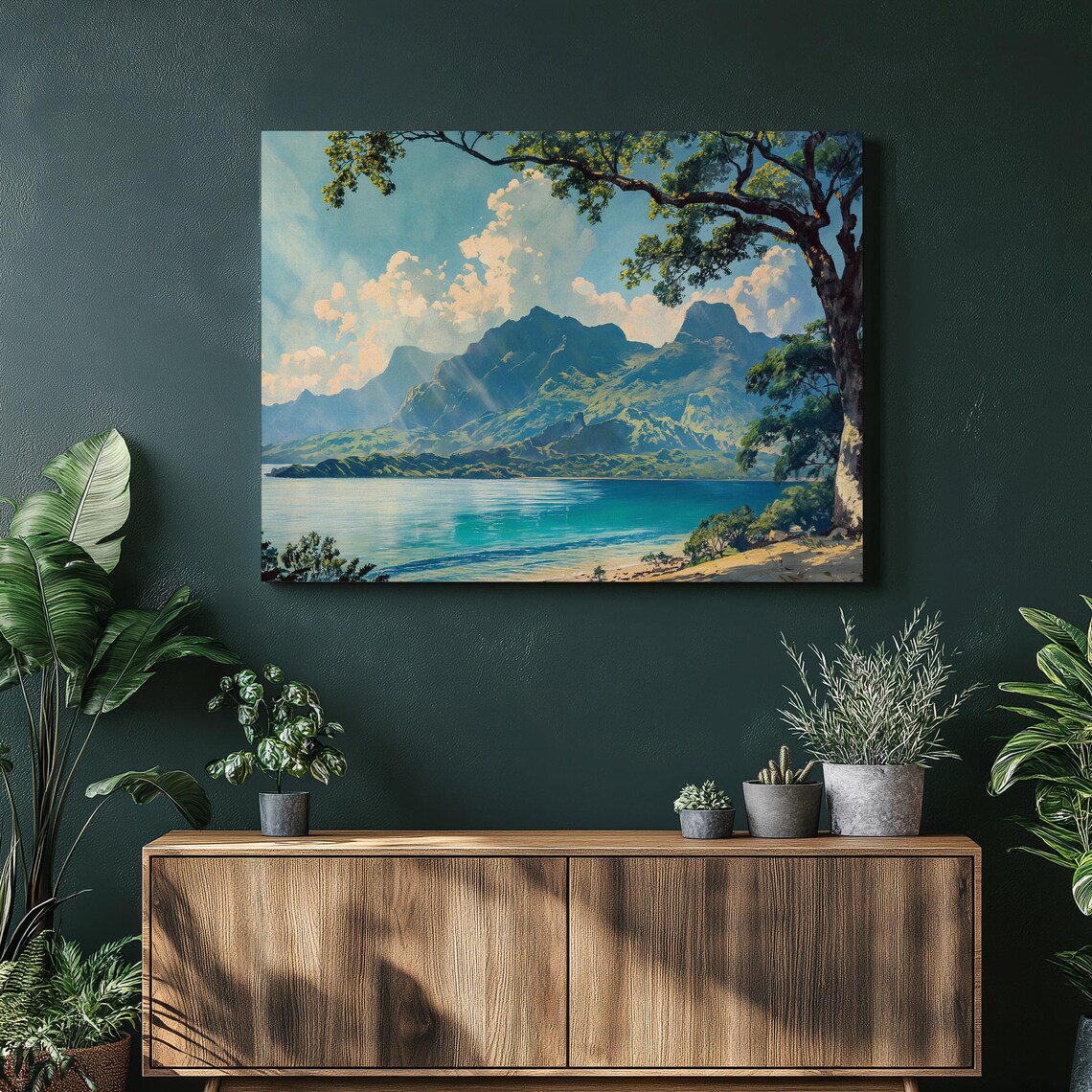 Tropical Lagoon Turquoise Water Green Mountains Serene Island Art Poster