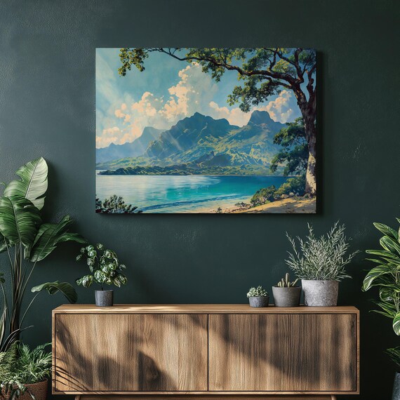 Tropical Lagoon Turquoise Water Green Mountains Serene Island Art Poster