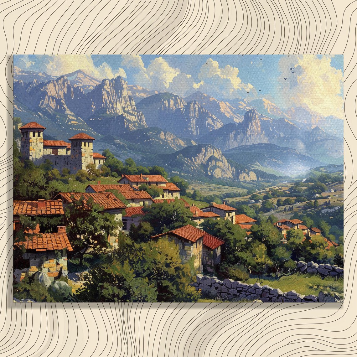 Mountain Village With Terracotta Roofs Alpine Landscape Art Poster