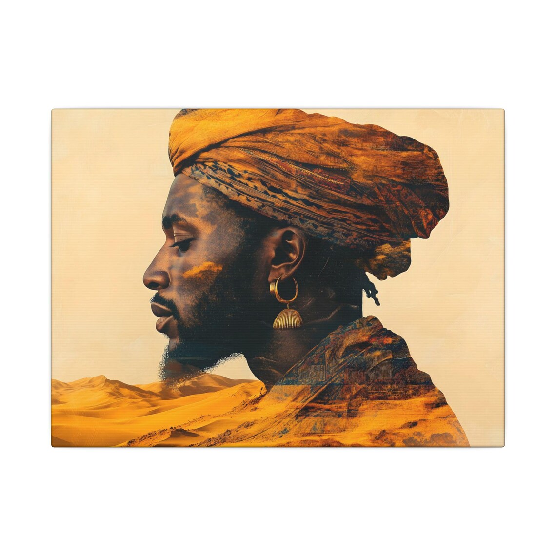 Saharan Golden Profile Portrait Turban Desert Dunes Cultural Wall Art