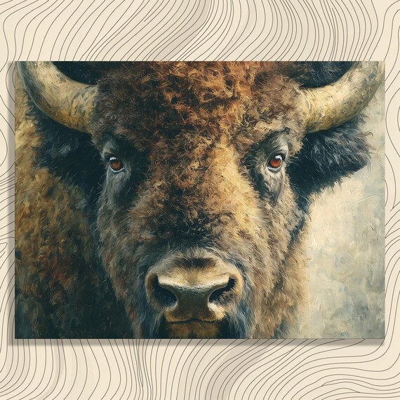 Bison Buffalo Portrait Canvas Wall Art Traditional Wildlife Painting Rustic Decor Farmhouse Animal Nature Lodge