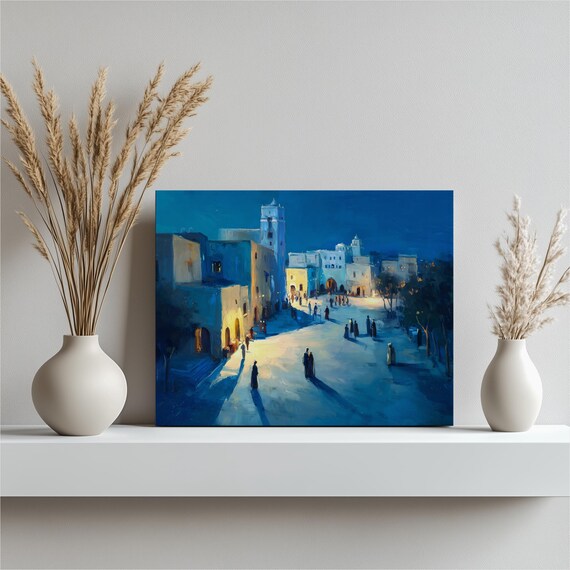Mediterranean Night Canvas Wall Art Impressionist Town Square Cityscape Painting Print Decor Classic Blue Yellow Sky Village Gift