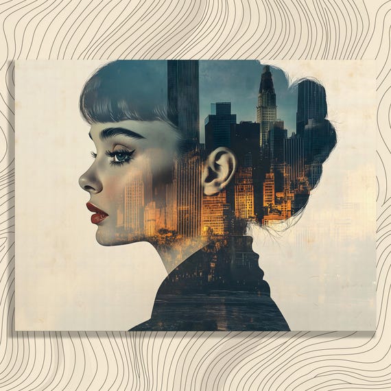 Urban Woman Profile Canvas Wall Art City Skyline Silhouette With Red Lipstick