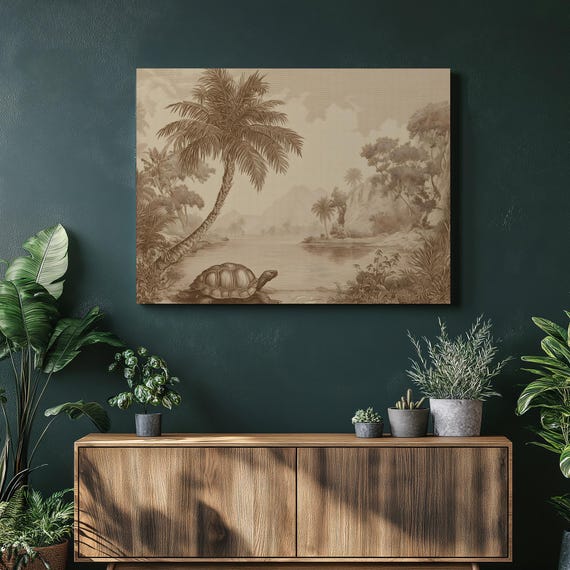 Vintage Tortoise Tropical Canvas Wall Art Sepia Palm Shoreline Lake Scene With Mountain Range Botanical Engraving Coastal Decor