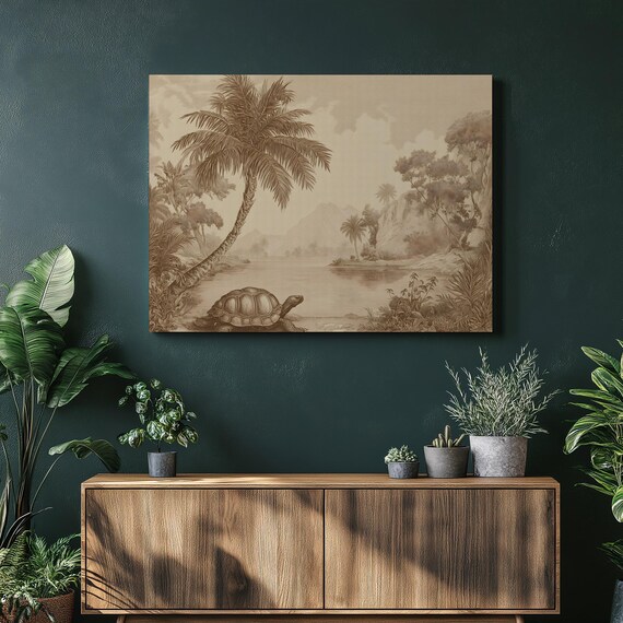 Vintage Tortoise Tropical Palm Shoreline Lake Sepia Engraving Poster