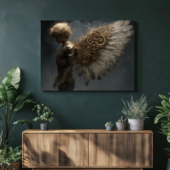Steampunk Angel Canvas Wall Art Clockwork Wings With Brass Gears Feathered Details Dark Smoky Print For Fantasy Decor Gothic Lovers