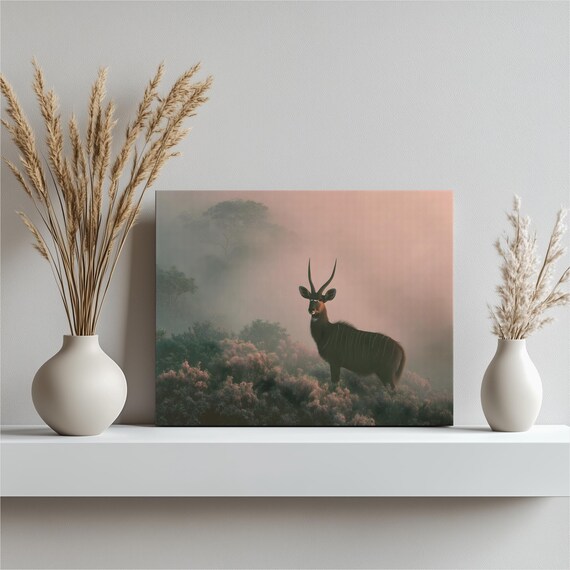 Mesmerizing Antelope Canvas Wall Art Ethereal Misty Forest Wildlife Print Animal Nature Decor Landscape Artwork