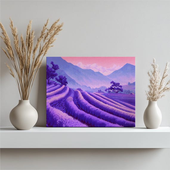 Lavender Fields Landscape Canvas Wall Art Rolling Hills Mountain Purple Flowers Pink Sky Colorful Nature Botanical Print
