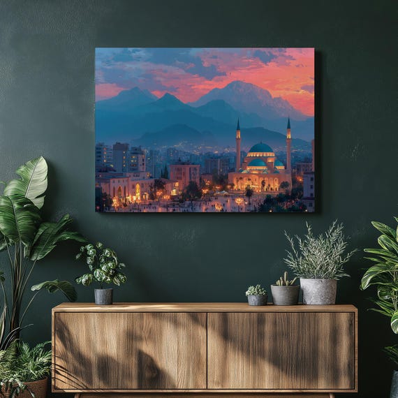 Sunset Mosque Cityscape Canvas Wall Art Modern Colorful Urban Skyline Minarets Mountains At Twilight Blue Orange Decor Print