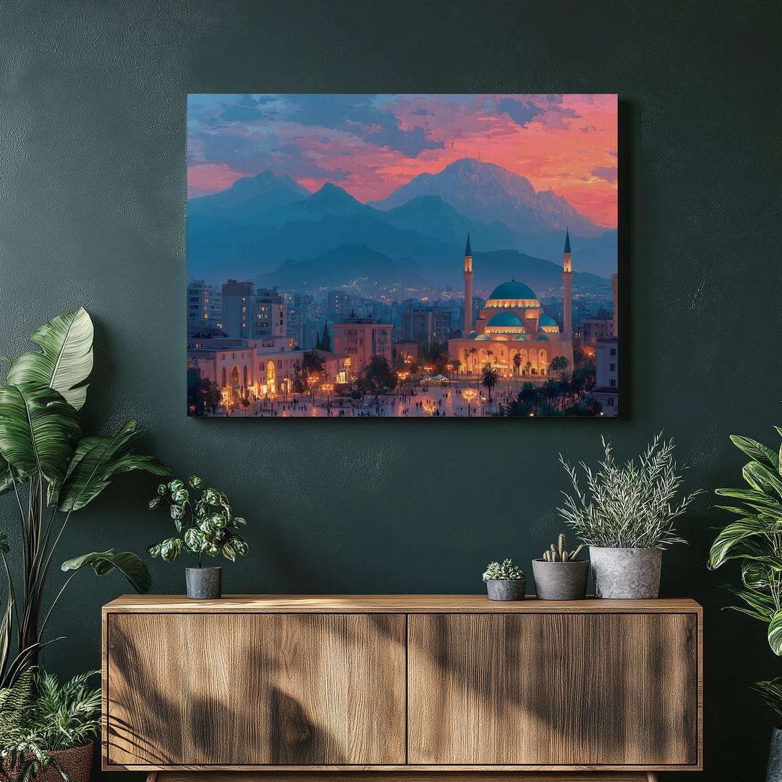 Sunset Mosque Cityscape Canvas Wall Art Modern Colorful Urban Skyline Minarets Mountains At Twilight Blue Orange Decor Print