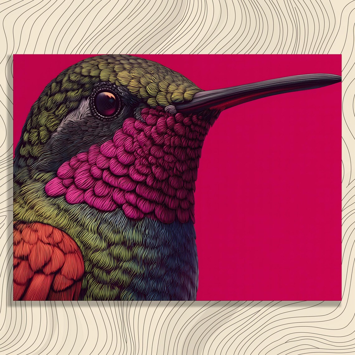 Hummingbird Close Up Portrait with Magenta Throat on Vivid Pink Poster