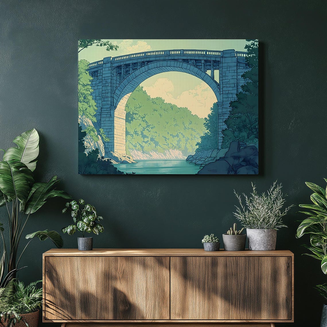 Stone Arch Bridge River Gorge Green Valley Landscape Art Poster