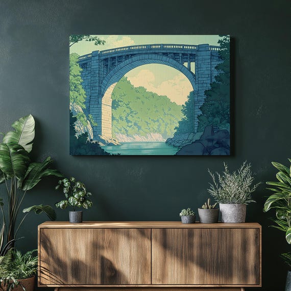 Stone Arch Bridge Canvas Wall Art River Gorge Landscape Print With Tranquil Forest Canyon View Nature Illustration For Home Decor