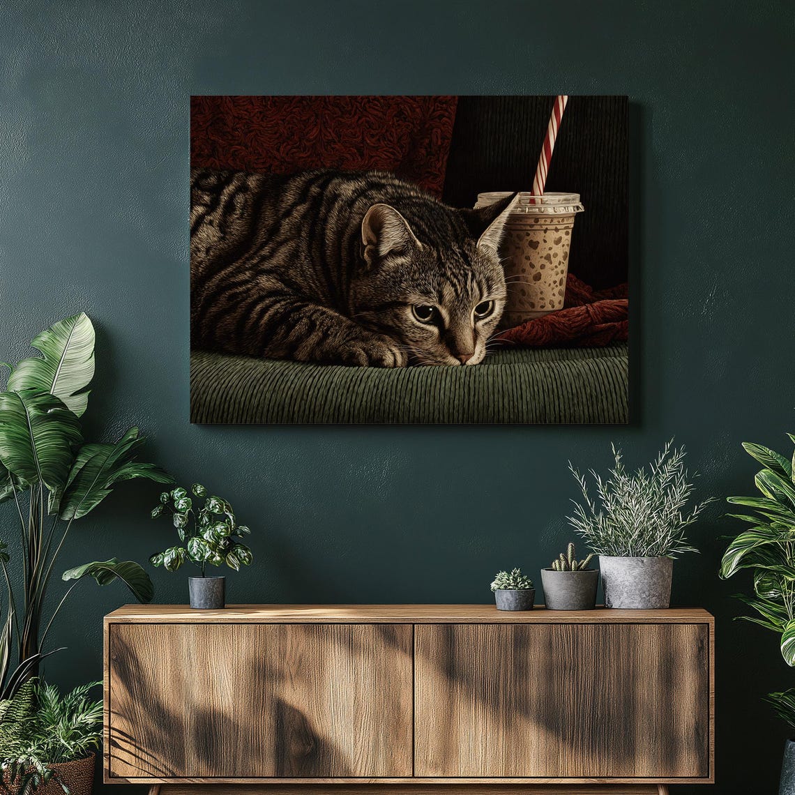 Cozy Tabby Cat With Iced Coffee Cup Cute Relaxed Pet Portrait Poster