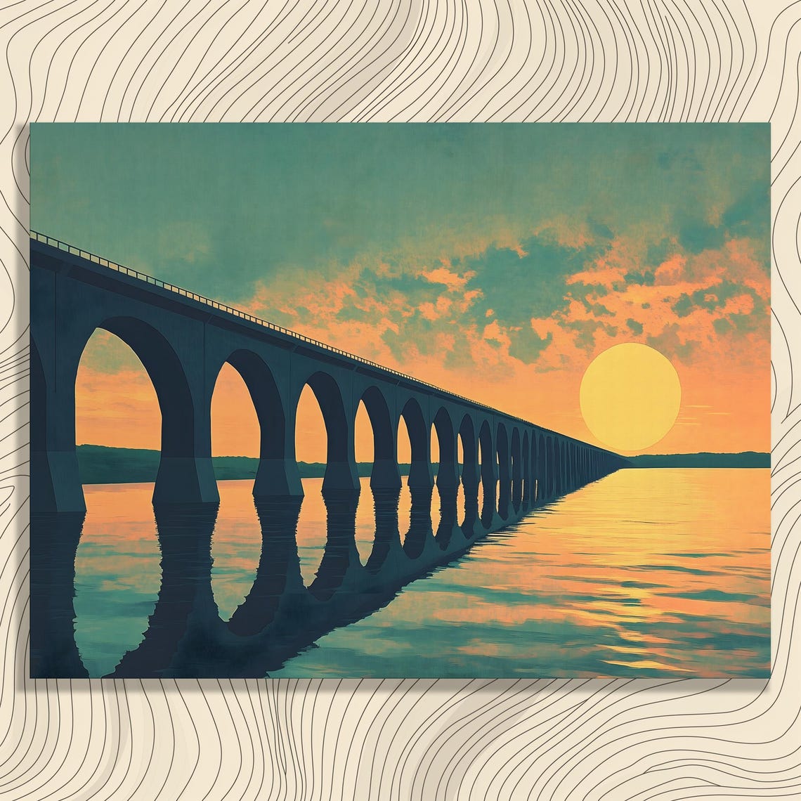 Sunset Arched Bridge Canvas Wall Art Geometric Minimalist Modern Decor Water Reflection Teal Orange Landscape Print Gallery Ready