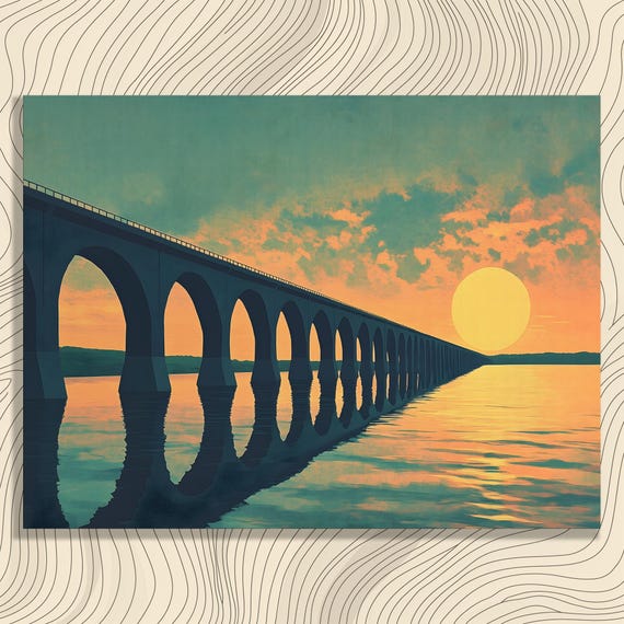 Sunset Arched Bridge Canvas Wall Art Geometric Minimalist Modern Decor Water Reflection Teal Orange Landscape Print Gallery Ready