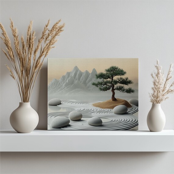 Zen Garden Bonsai Tree Canvas Wall Art Print Minimalist Contemporary Nature Painting Decor For Living Room Office Or Meditation Gift