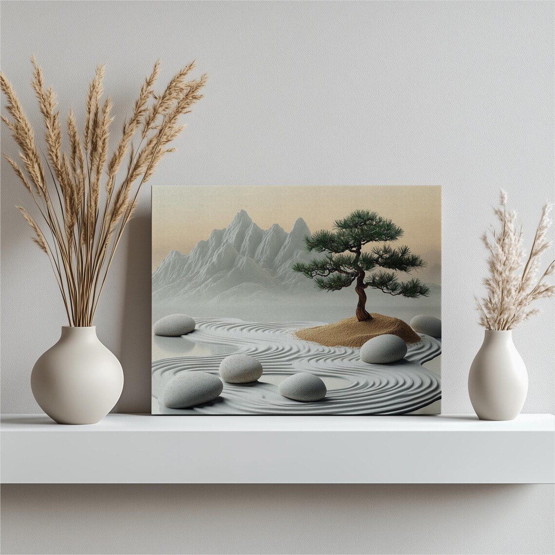 Bonsai Tree in Zen Garden With Raked Sand Stones Minimalist Wall Art