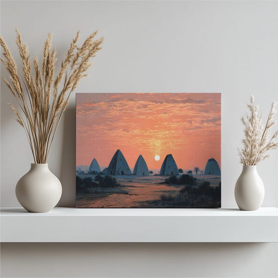 Sunset Desert Pyramids Canvas Wall Art Traditional Landscape Print Orange Sky Painting Sandy Dunes Ancient Decor Palm Tree Gift
