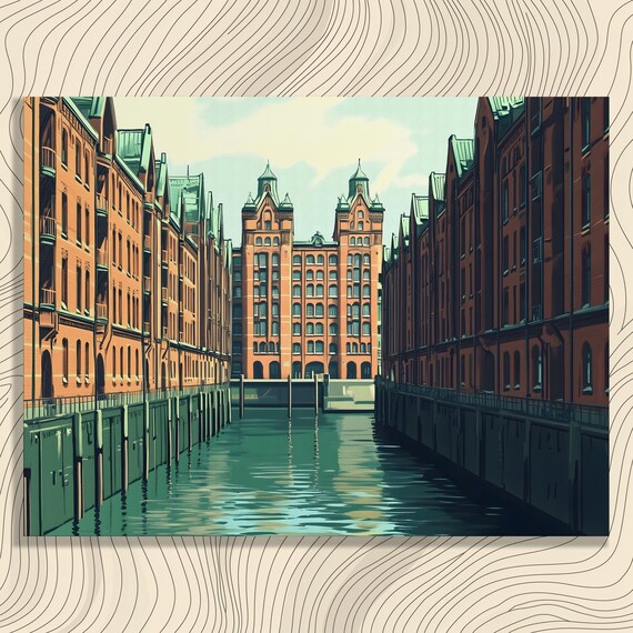Stunning Urban Canal Canvas Wall Art Historic Brick Cityscape Reflection Print Green Roof Architecture Decor Home