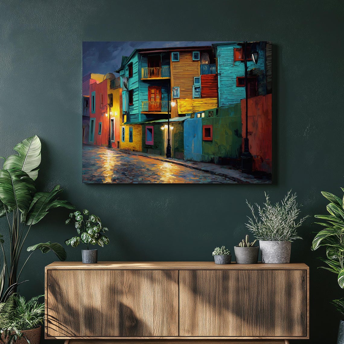 Colorful Buenos Aires Canvas Wall Art Vibrant Caminito La Boca Painting Night City Street Scene Urban Landscape Argentina Travel Print