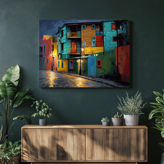 Colorful Buenos Aires Canvas Wall Art Vibrant Caminito La Boca Painting Night City Street Scene Urban Landscape Argentina Travel Print
