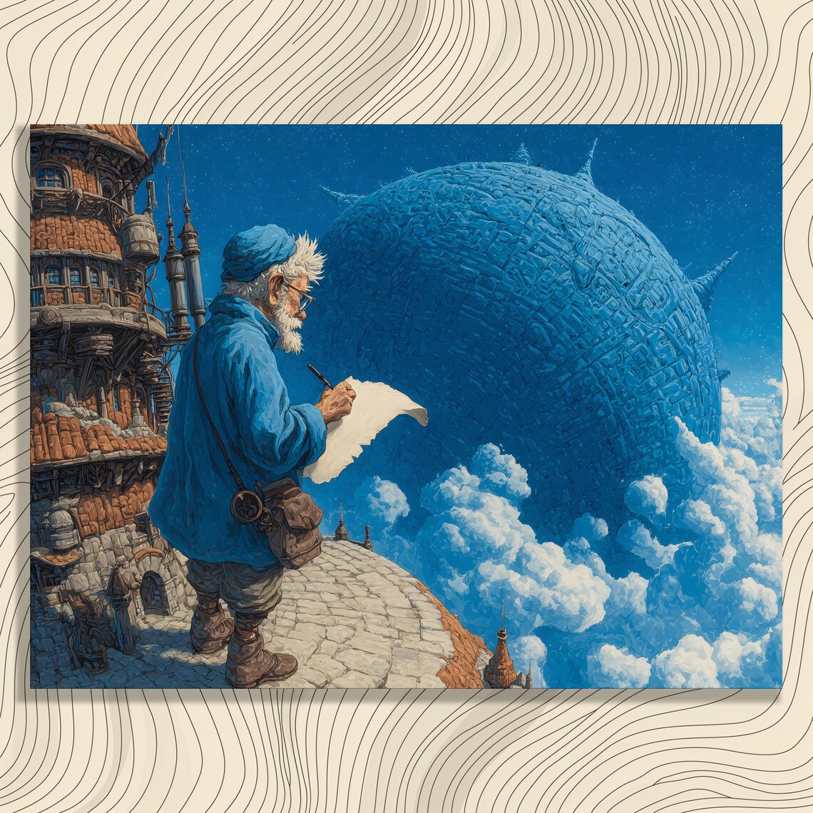 Whimsical Fantasy Elder Writer Giant Blue Planet Night Sky Poster Art