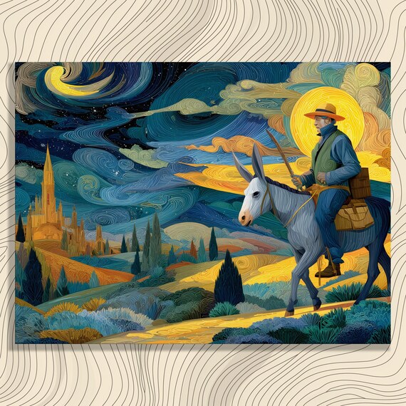 Vibrant Swirling Landscape Canvas Wall Art Starry Night Donkey Ride Colorful Bohemian Eclectic Decor Print Moon Poster