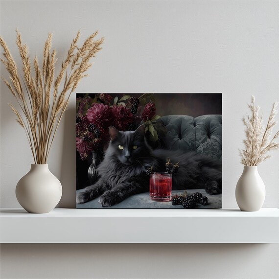 Dark Floral Cat Canvas Wall Art Moody Vintage Bouquet Still Life With Gray And Blackberry Cocktail Bar Cart Decor Archival Print