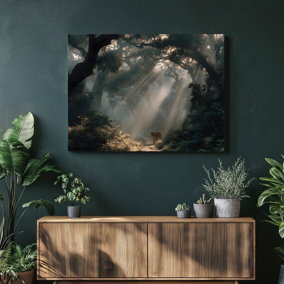 Majestic Tiger Forest Canvas Wall Art Bengal Wildlife Print In Misty Jungle With Golden Sunlight Nature Dark Gift For Animal Lovers