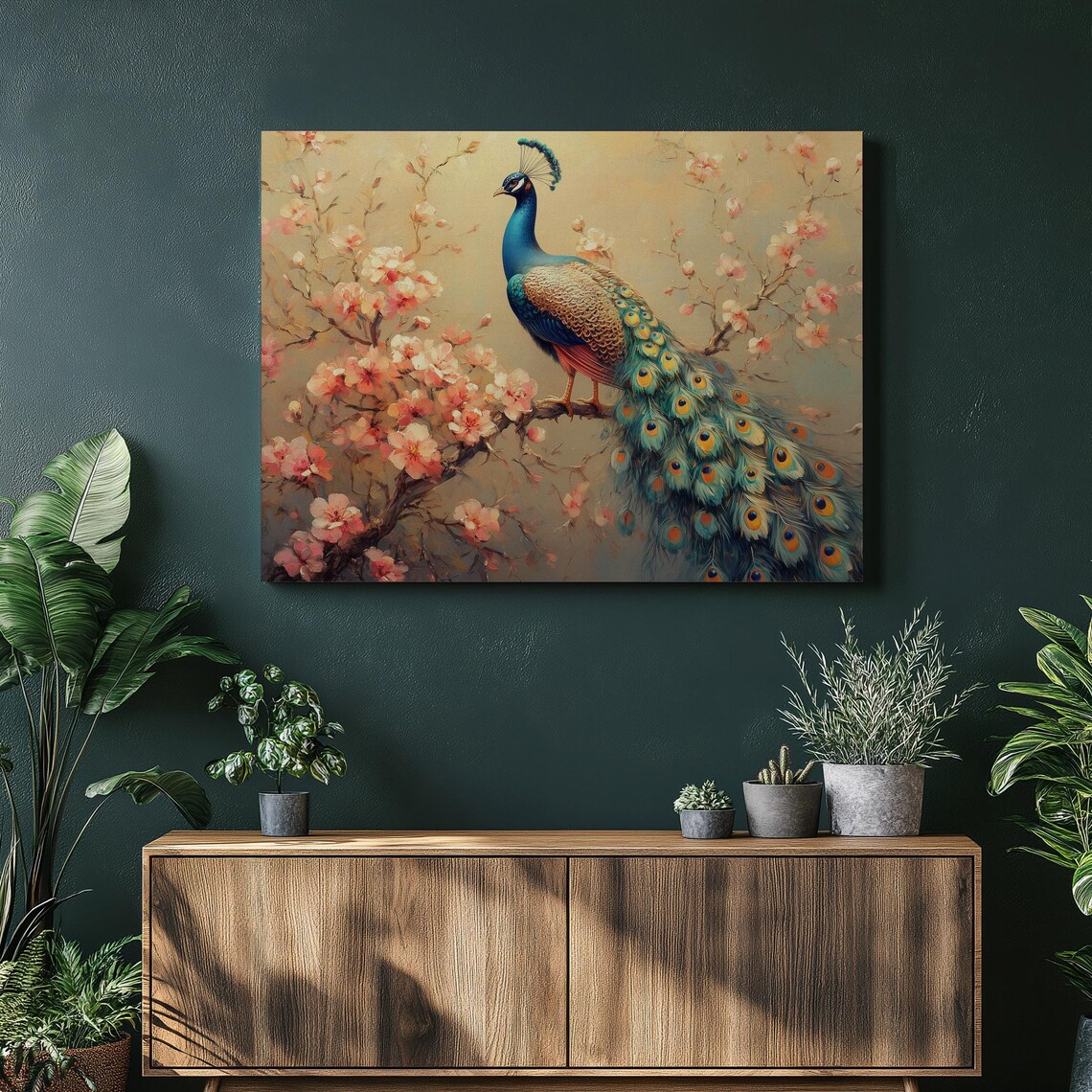 Regal Peacock Perched On Cherry Blossom Branch Painting Poster